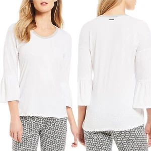 NWT Michael Kors Silver Tone Metallic Trim Round Neck Bell Sleeve Knit Top Sz S - Picture 1 of 6