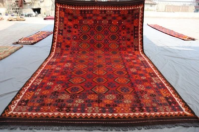 Alfombra Kilim Maimana Afgana 6x10 - Patrón Medallón Tribal Hexágono - Rojo y Naranja Foto 1 de 4