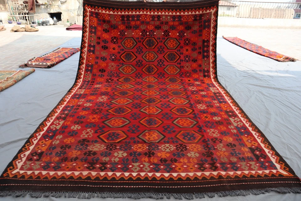 Alfombra Kilim Maimana Afgana 6x10 - Patrón Medallón Tribal Hexágono - Rojo y Naranja Foto 1 de 4