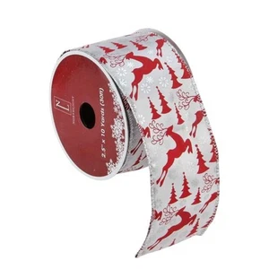 Northlight Silver Red Flying Reindeer Wired Christmas Ribbon 2.5" x 10 Yards - Picture 1 of 3