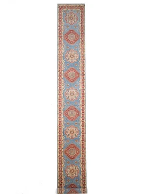 Tribal Geometric Kazak Runner Rug Blue Farmhouse Oriental Decor Carpet 3X21 ft - Image 1 of 4