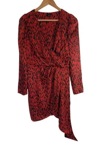 River Island Satin Mini Dress Red Animal Print Wrap Style Pleated Draped Size 12 - Picture 1 of 9