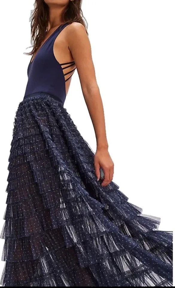 Free People возвращение оборки макси скольжения юбка заколка Dot темно-синий комбо XS новый с Ярлыками - Изображение 1 из 4