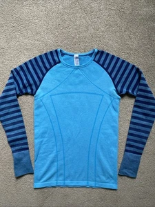 Girls Ivivva Size 14 Blue Pullover Stretch Shirt Striped Sleeves Thumb Holes - Picture 1 of 7