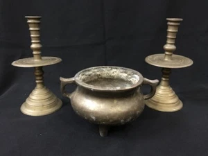 Antique Asian Vietnam Hue Bronze Incense Burner Tripod Candle Holder Pair - Picture 1 of 11