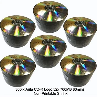 300 x Arita Ritek CD-R 52x Speed 80 Min CD Discs 700MB Non Printable Shrink New - Image 1 of 4