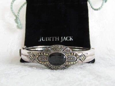 Vintage Judith Jack Sterling Silver Onyx & Marcasite Hinged Bangle Bracelet - Image 1 of 4