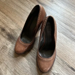 True Religion Hand Made Pauline Brown Genuine Leather Platform Wedge Shoes Sz 7 - Picture 1 of 4