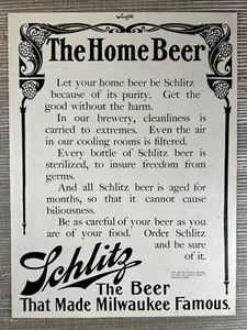 Schlitz The Home Beer Milwaukee WI antiguo anuncio impreso vintage de 1908 - Imagen 1 de 1