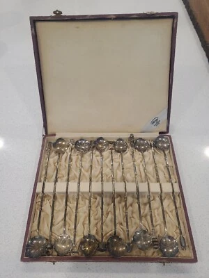 Antiguo Anillo Tanaka Kobe Esterlina 950 925 Hoja Agitador Cuchara Set Estuche 12 Cucharas Foto 1 de 4