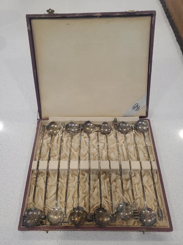 Antique Tanaka Kobe Ring Sterling 950 925 Leaf Stirrer Spoon Set Case 12 Spoons Cover