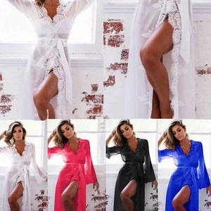 Women Lace Trim Lingerie Robe Dressing Gown Long Sheer Babydoll Nightwearᶜ - Picture 1 of 15