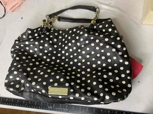Betsey Johnson Black White Polka Dot Tote Handbag Gold Tone Hardware Top Handle - Picture 1 of 5