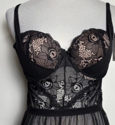 Frederick's of Hollywood Valerie 黑色蕾丝懒人聚拢文胸透明网眼 XL $44 — 第 1/4 张图片