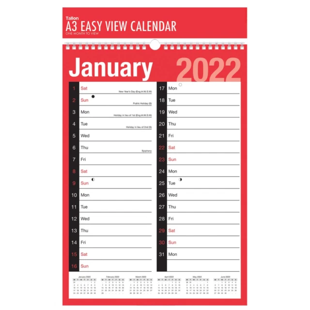 Tallon 3806 A3 Spiral Bound Calendar 2021 - Red
