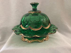 EAPG - Riverside #0492 - "Empress" butter dish - green/gold - Picture 1 of 14