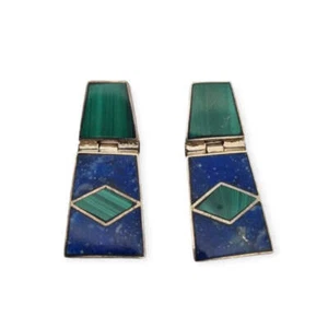 Pendientes Boho de Plata 950 con Malaquita Verde y Lapislázuli Azul, México. - Imagen 1 de 9