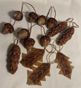 SET of 10 beaded pinecone, acorns, and leaves WOODLAND TREE ORNAMENTS - Picture 1 of 4