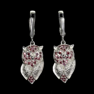 925 Sterling Silver Earrings Round Rhodolite Garnet Natural Gemstone Owl Jewelry - Picture 1 of 14