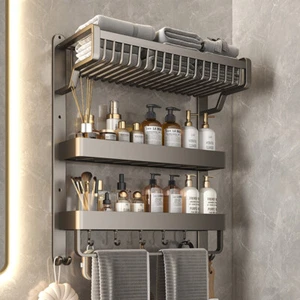 2/3Tier Wall Mounted Bathroom Metal Towel Rail Holder Storage Rack Shelf w/Hooks - Picture 1 of 20