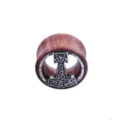 Flesh Ohr Tunnel Plug Piercing Holz Wood Wikinger Mjölnir Malmer Thors Hammer - Bild 1 von 2