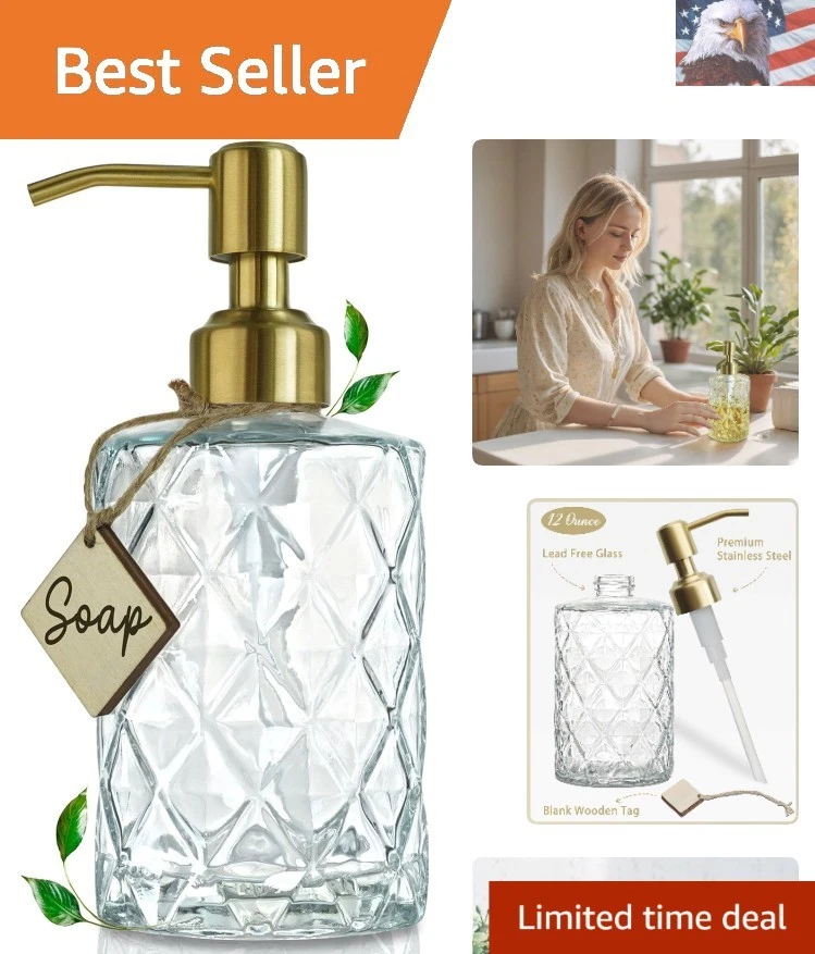 Dispensador de jabón de vidrio transparente con bomba dorada - Elegante y recargable para el hogar Foto 1 de 4