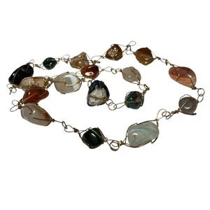 Vintage Gold Tone Caged Wire Wrapped Natural Gemstone Statement Necklace 32 Inch - Picture 1 of 20
