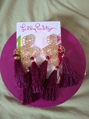 Lilly Pulitzer Earrings Bohemian Hanging Purple Maroon Tassel Gold Tone New Tags - Image 1 of 4