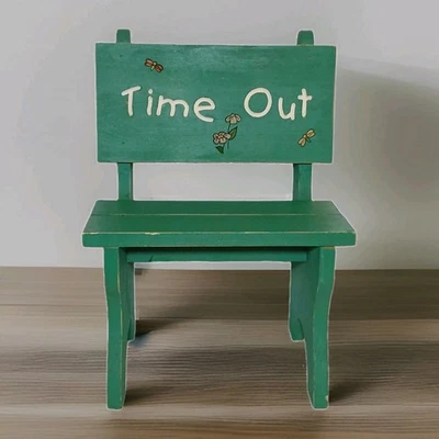 Vintage Handcrafted Green Painted Wood Carved “Time Out” Children's Chair - Image 1 of 4