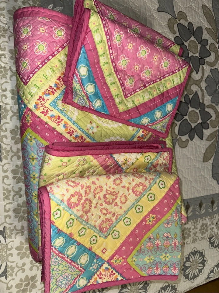 Vintage Pottery Barn Kid Quilt 90X86 F/Q Multicolor Patch Square Floral Set - Image 1 of 4