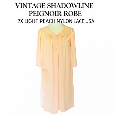 Vintage Shadowline Robe 2X Light Peach Nylon Lace Trim Fabric Buttons USA - Image 1 of 4