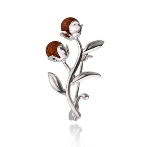 Sterling Silver Brooch Natural Brown Amber Boxed Mother's Day Gift - Picture 1 of 2