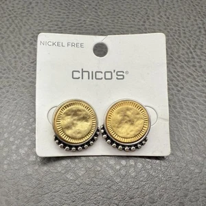 Chico's Coin Stud Earrings Nickel Free Gold Silver Tone Textured Beaded Trim - Picture 1 of 7