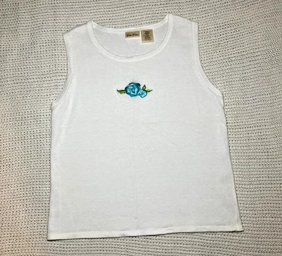 Bobbie Brooks White Knit Embroidered Flower Tank Top Womens Medium Cottage Fairy - Image 1 of 4