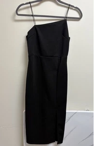 Small Black Asymmetrical Midi Dress Front Slit Minimalist Clean Girl Trendy - Picture 1 of 3