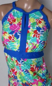 LANDS END Blue/Leaf Floral Square Neck Tankini Swimsuit Top Womens 10 D-cup NEW - Picture 1 of 11