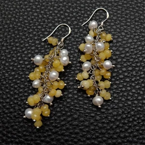 Freshwater White Pearl Yellow Jade Dangle Silver Hook Earrings - Picture 1 of 6