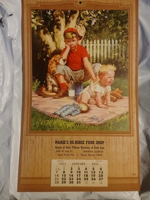 NICE 1951 VINTAGE WALL CALENDER MARIES OG RIDGE FOOD SHOP BERWYN ILLINOIS  - Image 1 of 2