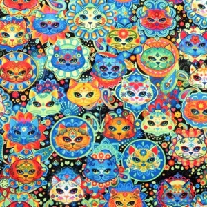 1 Yard - Sugar Skulls C7817 Day of the Dead Bright Cats by Timeless Treasures - Picture 1 of 3