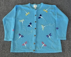 The Quacker Factory Womens VTG Cardigan Sweater Blue Embroidered Dragon Fly - Picture 1 of 12