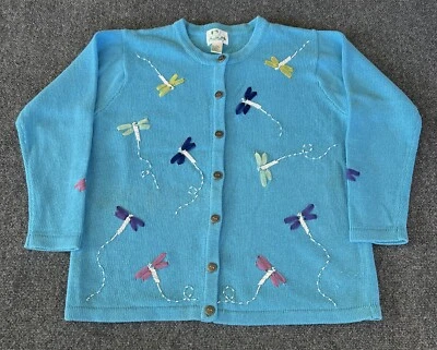 The Quacker Factory Womens VTG Cardigan Sweater Blue Embroidered Dragon Fly  - Image 1 of 4