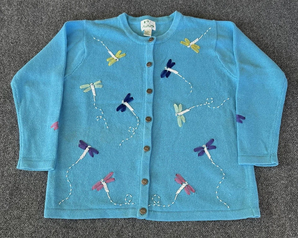 The Quacker Factory Womens VTG Cardigan Sweater Blue Embroidered Dragon Fly  - Image 1 of 4