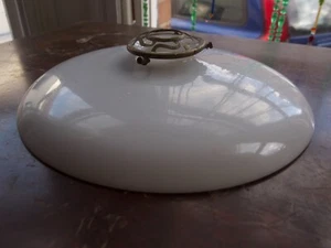 ANTIQUE FRENCH CIRCULAR COOLIE'S SHAPED WHITE MILK GLASS LAMP SHADE & GALLERY - Picture 1 of 17