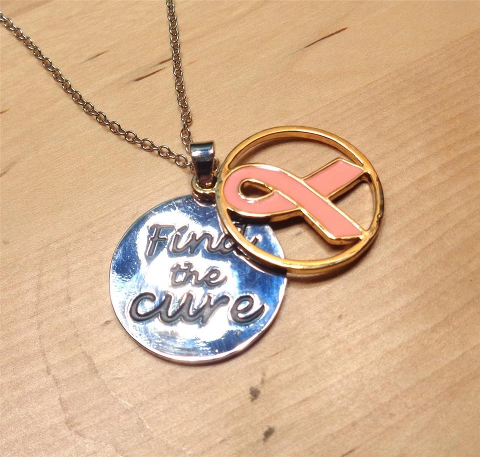 BEACH FASHION SILVER RHODIUM PINK RIBBON FIND THE CURE PENDANT NECKLACE - Image 1 of 4