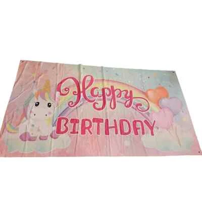 Globos arco iris unicornio blanco pancarta feliz cumpleaños 70x40 ojales de esquina  Foto 1 de 4
