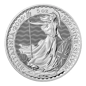2025, Britannia 5oz Silver Coin, £10, BU, New from the Royal Mint, in Capsule. - Picture 1 of 6