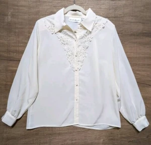 Vntg Claudia Richard Wmns Sz 10 Sheer Ivory Blouse Top Applique Beads Buttons - Picture 1 of 13