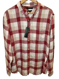 Banana Republic 100% Leinen Hemd Camden Fit Größe LARGE rot hellbraun kariert Knopf - Bild 1 von 8