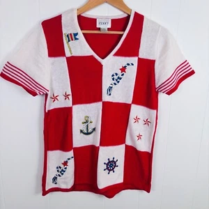 Vintage Jenny Nautical Knit Sweater Top Embroidered Anchor Red White Size Medium - Picture 1 of 9