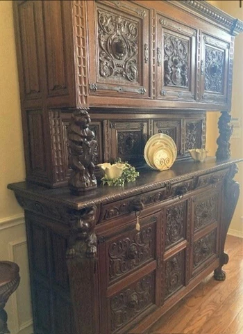 9 Piece Antique Hand Carved Dining Set: 2 Buffets, Table & 6 Chairs Cover